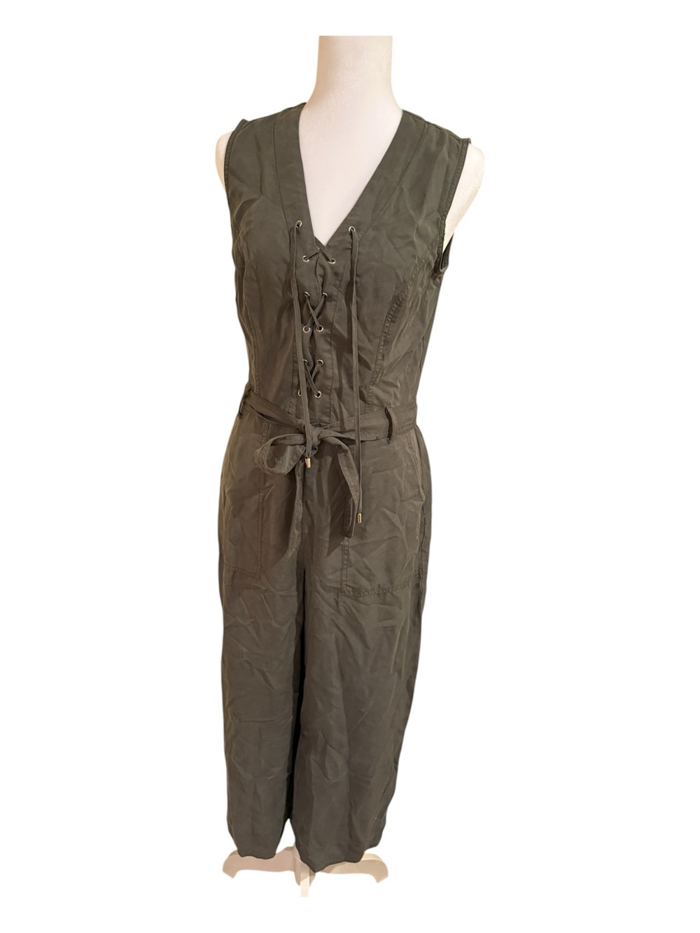 NWT White House Black Market Olive Lichen Lace Up Crop Jumpsuit size 4